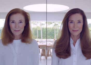 Vorher-Nachher Extensions München: Frau 60+ mit schulterlangem dünnem Haar links und langen, vollen Extensions rechts